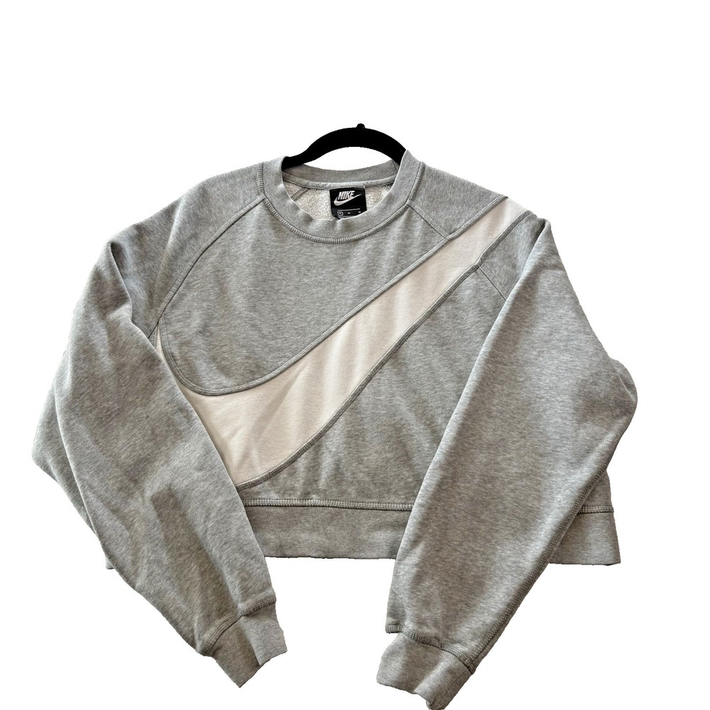 Nike Sweatshirt Women Sz M Gray Cropped Short Gym Large Swoosh Logo Pullover